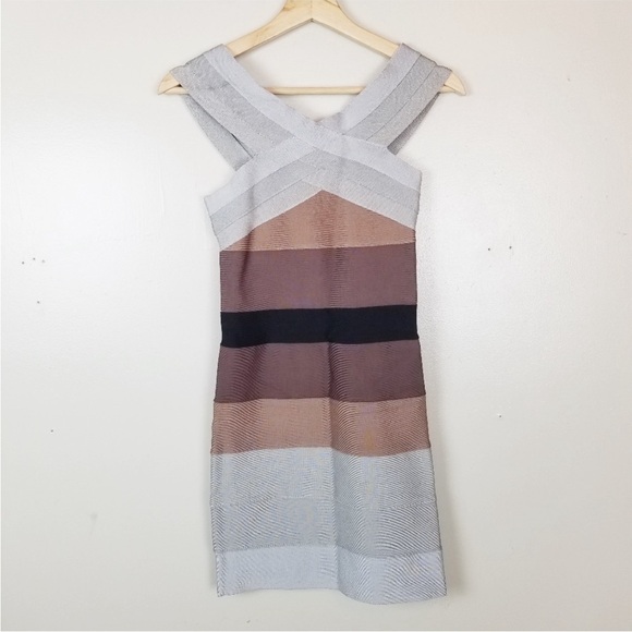 HERVE LEGER Multicolored Striped Bandage Dress Criss Cross Halter Neck US S - Picture 1 of 13